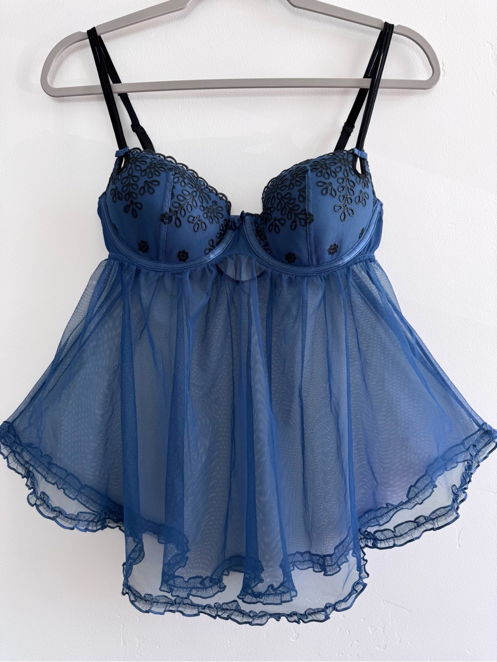 Victoria's Secret Blue Underwire Embroidered Mesh Babydoll Lingerie Chemise 34D